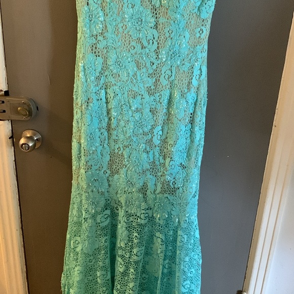 Wedding guest prom evening mermaid fairy beaded maxi Turquoise Lace Dress - Picture 4 of 7